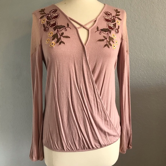 Maurices Tops - Wrap front, long sleeve embroidered blouse